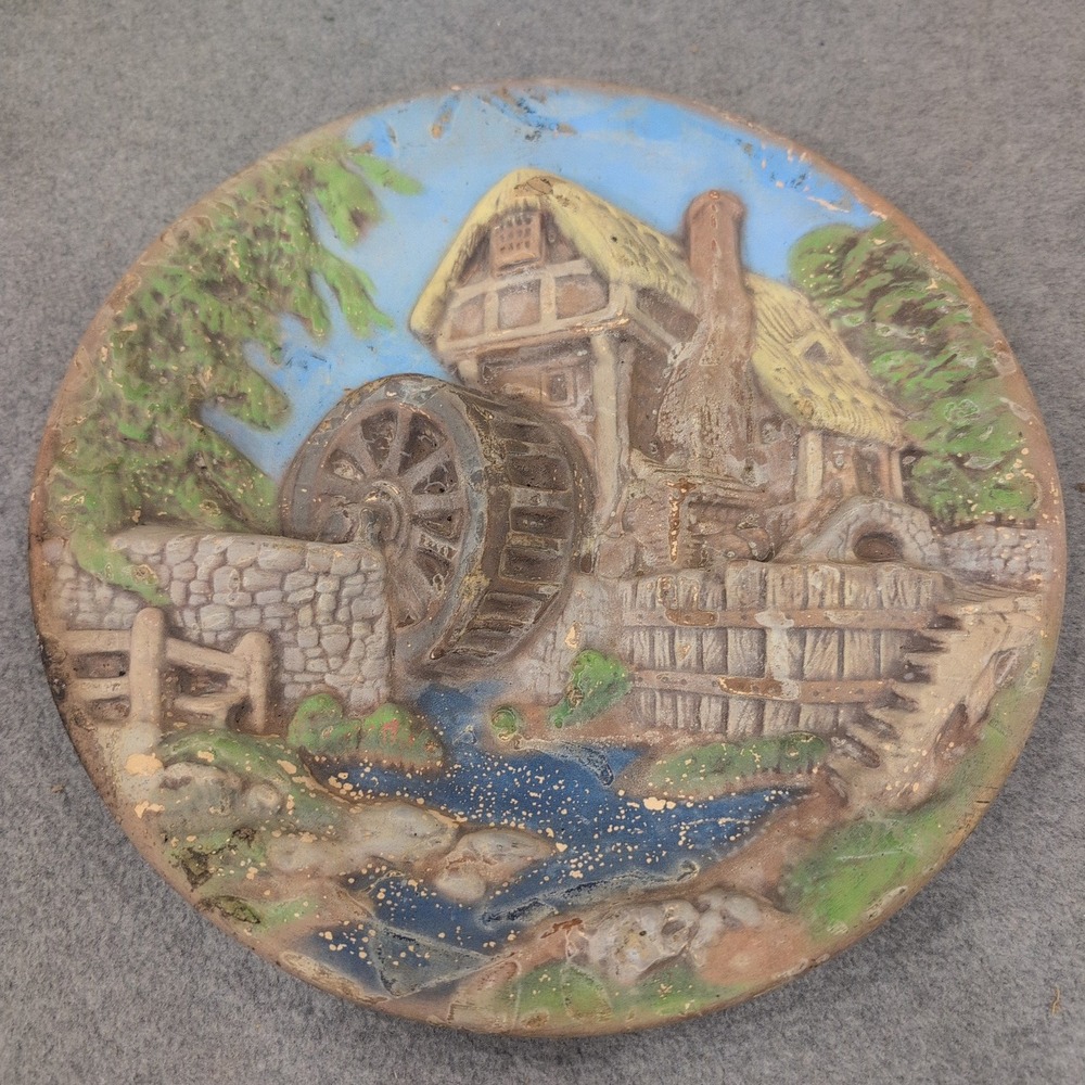 Vintage 3D Relief Wall Plaque‎ Countryside Water Mill Cottage Scene Decor